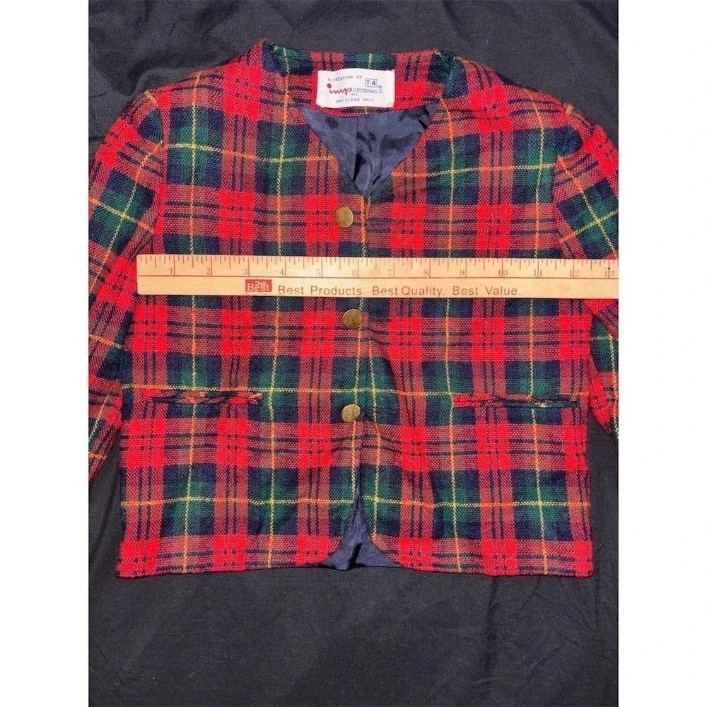 Imp Originals Vintage Girls Red Plaid Tartan Blazer Jacket Size 4 Holiday Gold